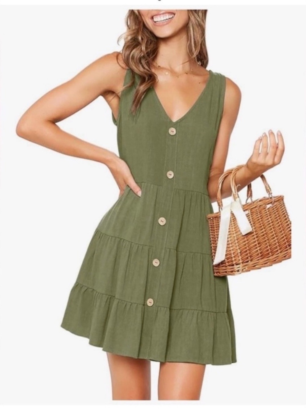💚 Army Green MITILLY Sleeveless V-Neck Button Down A-Line Swing Dress - Size M
